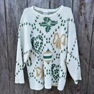 Vintage 90s holiday time gold green metallic knit Christmas ugly sweater LARGE